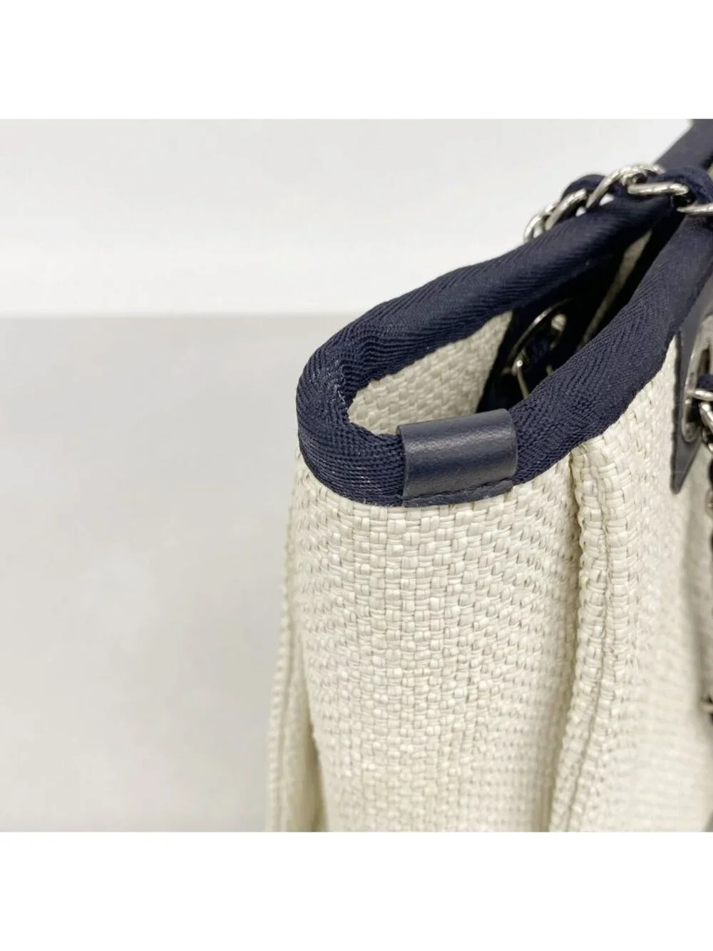 Chanel Chain Tote Bag Deauville Raffia Ivory Navy Silver